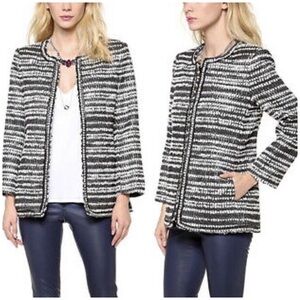 Alice + Olivia Luci Long Tweed Jacket Metallic XS black white gray silver wool